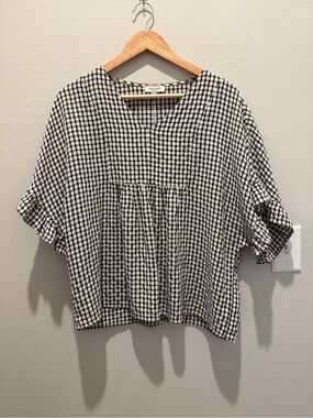 ANDREE BY UNIT Black & White Gingham V-Neck Peasant Blouse